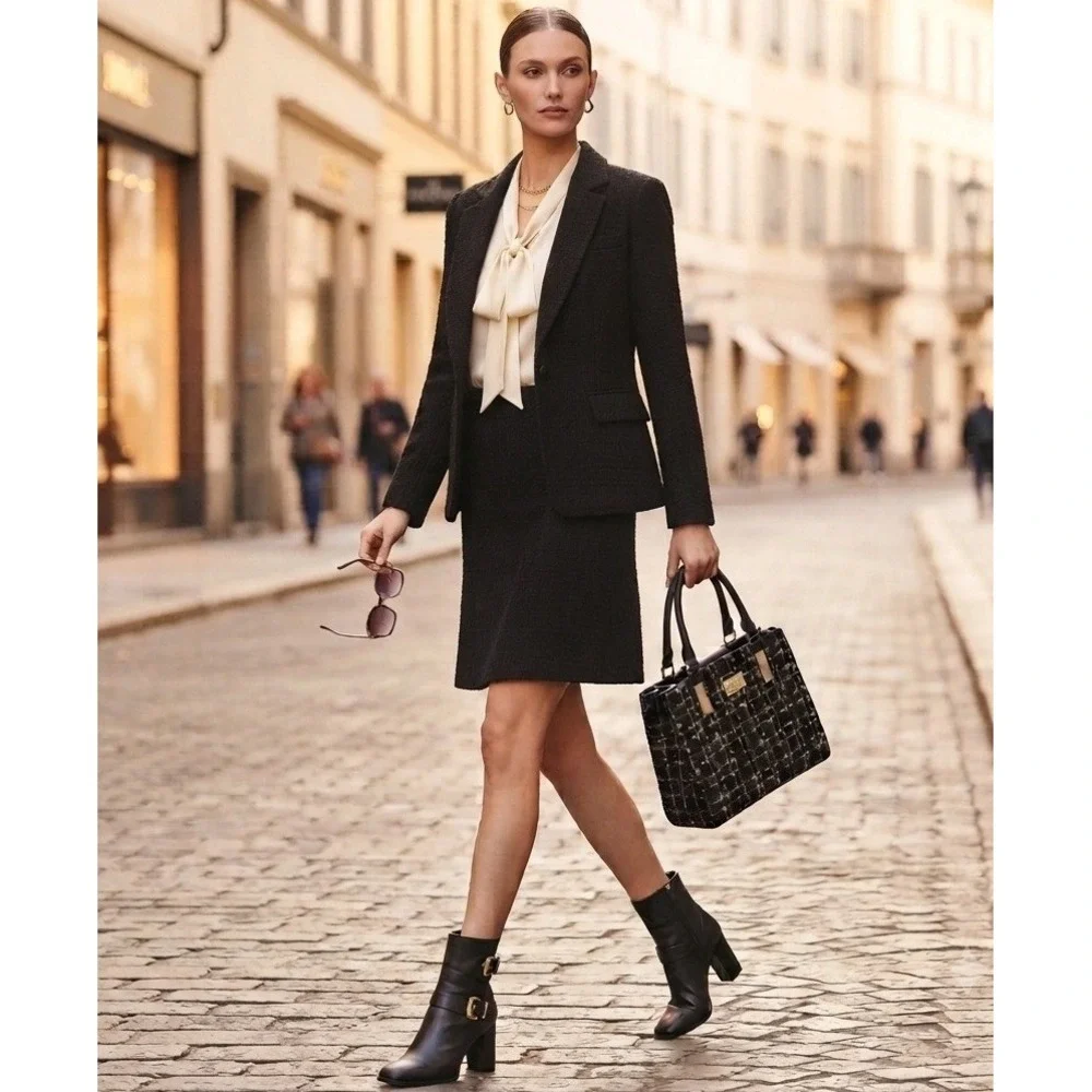 NWT Badgley Mischka New York The Tara Tweed Satchel Women Black Gold Handbag - Picture 2 of 9
